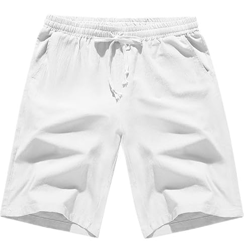 Yuson Girl Pantlaoncini Uomo Lino Cotone Pantaloni Corti Uomo Estivi Casual Leggeri Pantaloncini Comodo Tinta Untia Shorts Uomo Eleganti Pantalone Corto con Coulisse e Tasche(Bianco, XL)