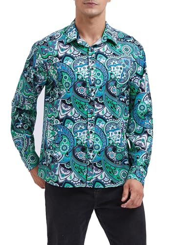 HISDERN Camicie da Uomo Camicia Elegante in Seta con Motivo Cachemire Camicia Floreale vestibilità Regolare Manica Lunga abbottonata per la Festa di Nozze, Ballo di fine Anno