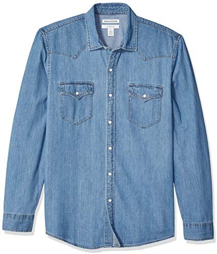 Amazon Essentials Camicia in Denim a Maniche Lunghe Slim Uomo, Blu Chiaro, M