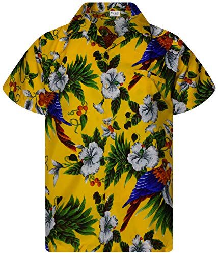 King Kameha Funky Camicia Hawaiana, Manica Corta, Print Cherryparrot, Giallo, XS