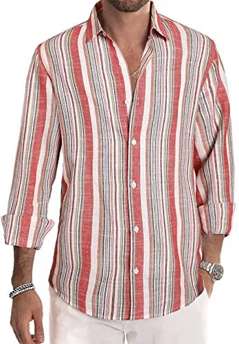 Meilicloth Camicia Uomo a Righe Cotone Manica Lunga Casual Lino Trama Western Regular Fit Rosa XL