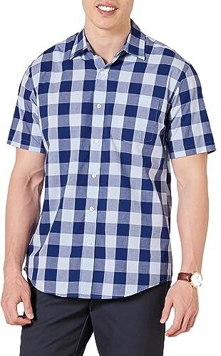 Amazon Essentials Camicia in Popeline a Maniche Corte Regular Fit Uomo, Blu Buffalo Check, XL