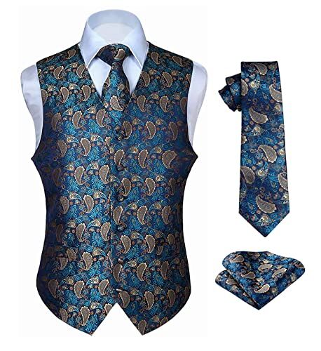 HISDERN Paisley floreale Jacquard floreale gilet e cravatta e fazzoletto da taschino set Aqua & Brown XL