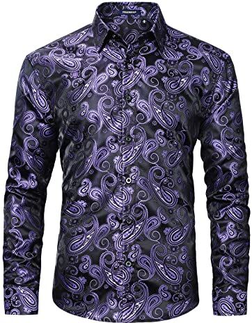 HISDERN Camicia Viola Uomo in Seta con Paisley Jacquard Camicia Raso Uomo Manica Lunga Regolare con Bottoni e Colletto per Matrimoni Party XXL