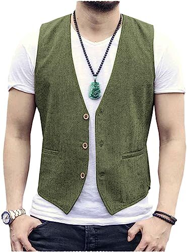 Tiavllya Gilet da uomo senza maniche in cotone e lino casual Gilet da spiaggia estivo slim fit tinta unita a 3 bottoni（L, Army Green）