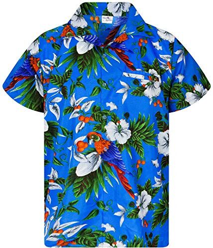 King Kameha Funky Camicia Hawaiana, Cherry Parrot, Blu, XXL