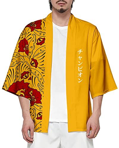 CIZEUR Camicia Kimono T Shirt Uomo Maniche 3/4 Cardigan Giacca Top Casual Camicetta Vintage Elegante Estiva Coppia, L Yellow with Red Flowers