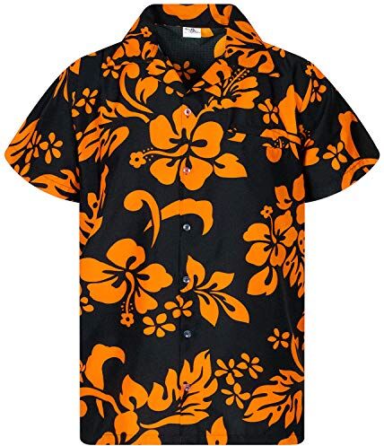 King Kameha Funky Camicia Hawaiana, Hibiscus, Arancione Nero, XL