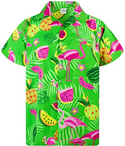 King Kameha Funky Camicia Hawaiana, Flamingo Melone, Verde, XS