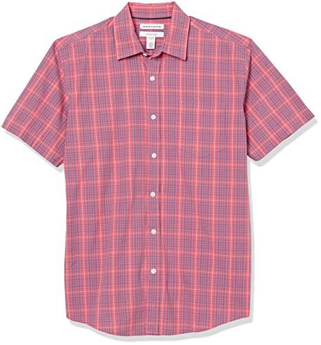 Amazon Essentials Camicia in Popeline a Maniche Corte Regular Fit Uomo, Rosso Slavato Motivo Scozzese, XL