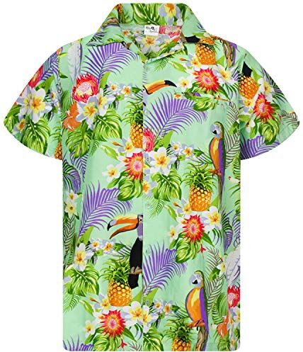 King Kameha Funky Camicia Hawaiana, Manica Corta, Parrot Cockatoo, Menta Verde, XS