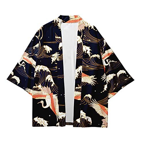 CIZEUR Camicia Kimono T Shirt Uomo Maniche 3/4 Cardigan Giacca Top Casual Camicetta Vintage Elegante Estiva Coppia, 4XL Gru Bianca Arancione