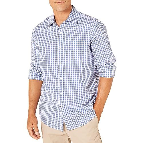 Amazon Essentials Camicia Casual in Popeline a Maniche Lunghe vestibilità Regular Uomo, Blu Bianco A Quadretti, L