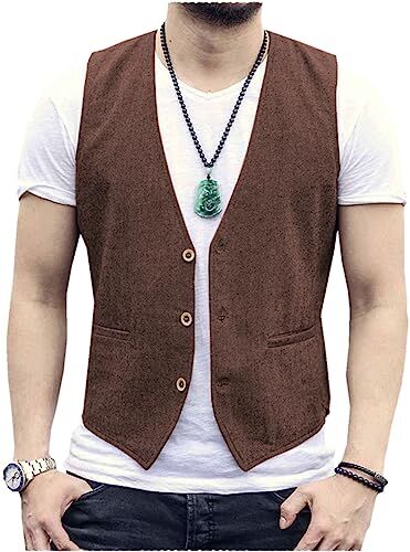 Tiavllya Gilet da uomo senza maniche in cotone e lino casual Gilet da spiaggia estivo slim fit tinta unita a 3 bottoni（S, Caffè）