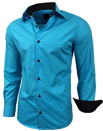 Subliminal Mode Stiratura Facile Camicia Uomo Colletto Bicolore Tinta Unita Maniche Lunghe Slim Business Idea Regalo, Natale, San Valentino RN44, Turquoise, 3XL