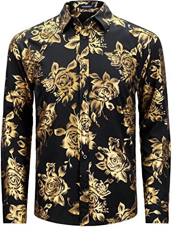 HISDERN Camicie Floreali Nero Uomo Manica Lunga Casual Camicia Or Rosa Stampato Fantasia Motivo Camicie Elegante Partito Nozze Feste XXL