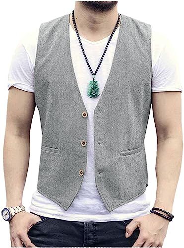 Tiavllya Gilet da uomo senza maniche in cotone e lino casual Gilet da spiaggia estivo slim fit tinta unita a 3 bottoni（XXL, Grigio chiaro）