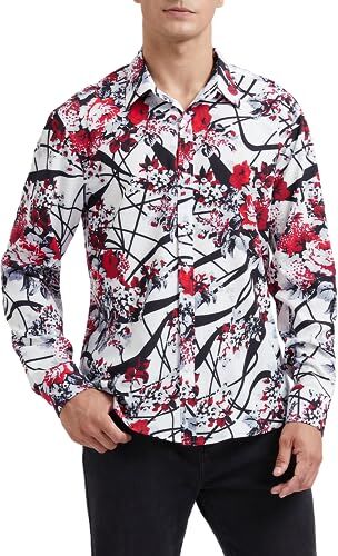 HISDERN Camicie Paisley da Uomo Camicia Bianca a Maniche Lunghe Casual Funky Camicia abbottonata Fantasia Floreale Regular Fit 2XL