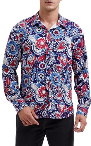 HISDERN Camicie da Uomo Camicia Elegante in Seta con Motivo Cachemire Camicia Floreale vestibilità Regolare Manica Lunga abbottonata per la Festa di Nozze, Ballo di fine Anno