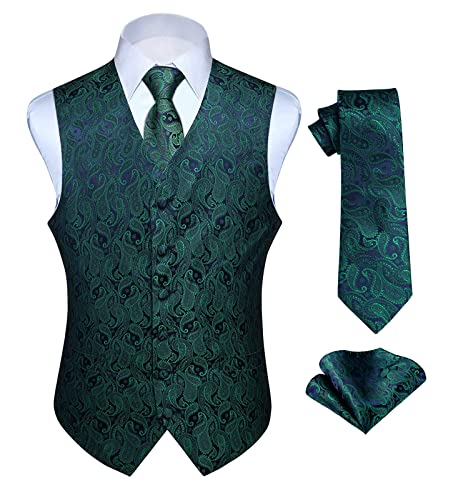 HISDERN Paisley floreale Jacquard floreale gilet e cravatta e fazzoletto da taschino set Verde e Viola 3XL