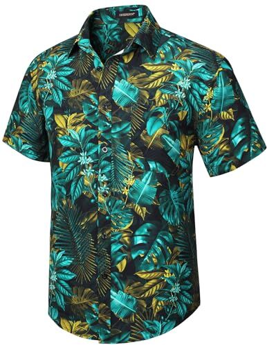 HISDERN Camice Hawaiane Uomo Funky Estiva Manica Corta Camicie Hawaiana con Stampate con Motivi di Foglie Tropicali Aloha Shirt per la Spiaggia,Verde 2,XL