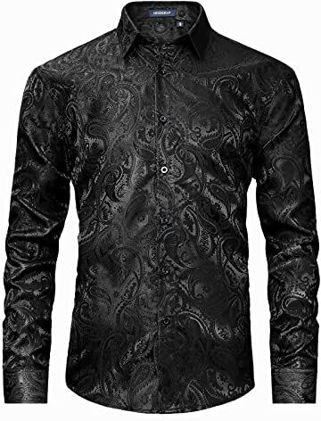 HISDERN Nero Camicia Uomo in Raso Jacquard Floreale Camicia Seta Uomo Paisley Manica Lunga Regolare con Bottoni e Colletto per Matrimoni Party M