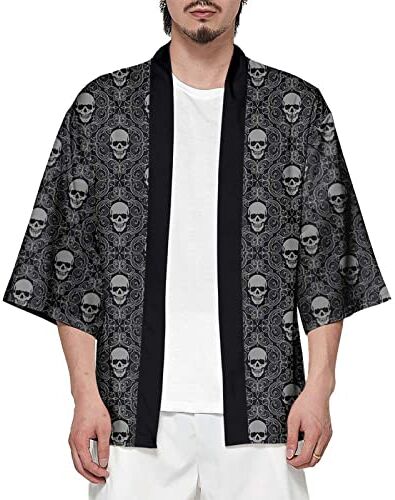 CIZEUR T-Shirt Uomo Cardigan Unisex Elegante Stampato Floreale Maglietta con Tasche Kimono Giapponese Casual Moda Primavera-Estate,Skulls