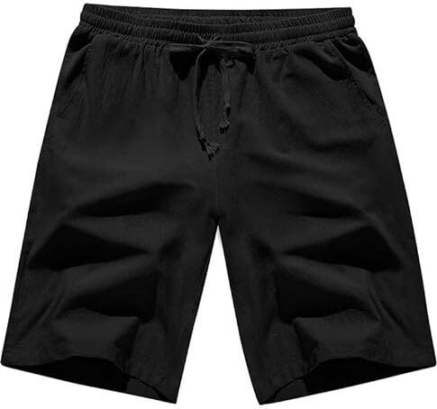 Yuson Girl Pantlaoncini Uomo Lino Cotone Pantaloni Corti Uomo Estivi Casual Leggeri Pantaloncini Comodo Tinta Untia Shorts Uomo Eleganti Pantalone Corto con Coulisse e Tasche(Nero, XL)