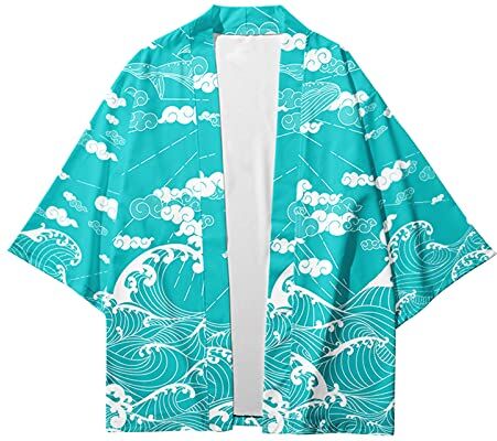 CIZEUR Camicia Kimono T Shirt Uomo Maniche 3/4 Cardigan Giacca Top Casual Camicetta Vintage Elegante Estiva Coppia, 3XL Onde Verdi