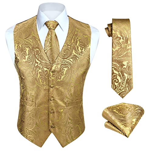 HISDERN Gilet Paisley da uomo Giallo Jacquard Cravatta Fazzoletto da taschino Fazzoletto Festa di nozze Gilet da lavoro Set completo L