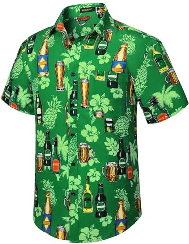 HISDERN Camice Hawaiane Uomo Funky Estiva Manica Corta Camicie Hawaiana con Stampate con Motivi di Birra Tropicali Aloha Shirt per Spiaggia Vacanza,Verde,XL