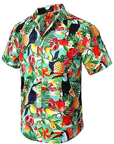 HISDERN Uomo Funky Hawaiian Bird Ananas Camicie Manica Corta Tasca Frontale Vacanze Estate Aloha Beach Casual Verde Menta Camicia Hawaii