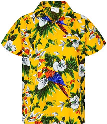 King Kameha Funky Camicia Hawaiana, Cherry Parrot, Giallo, XL