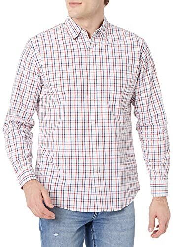 Amazon Essentials Camicia Casual in Popeline a Maniche Lunghe vestibilità Regular Uomo, Blu Rosso Bianco Check Plaid, XXL