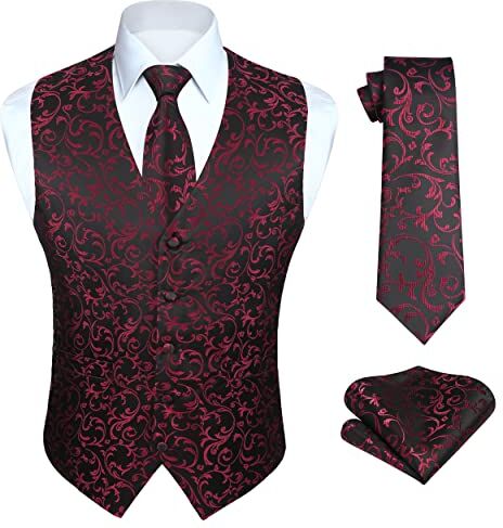 HISDERN Nero Rosso Gilet Uomo Paisley Floreale Jacquard Cravatta Taschino Fazzoletto da Matrimonio Business Fit Gilet Completo Completo,3XL,Nero & rosso-N