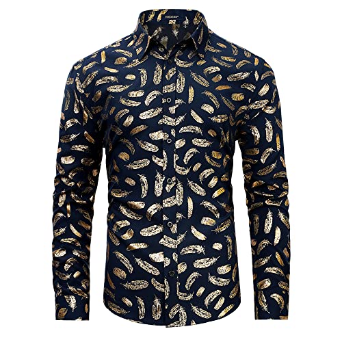 HISDERN Camicia da Uomo Casual Manica Lunga Camicie Elegante Regolare vestibilità Bottone Camicie Blu Navy XL