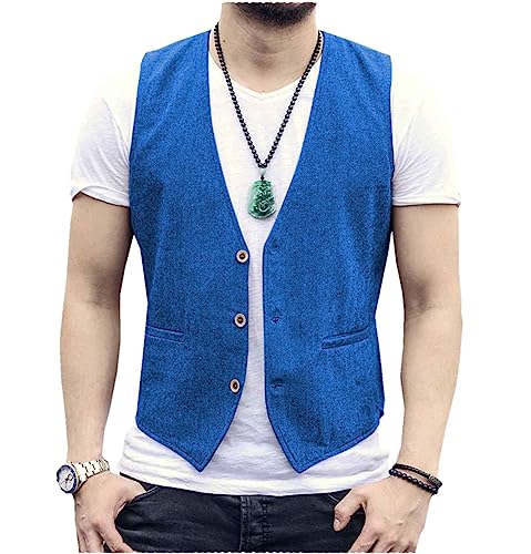 Tiavllya Gilet da uomo senza maniche in cotone e lino casual Gilet da spiaggia estivo slim fit tinta unita a 3 bottoni（S, Blu）