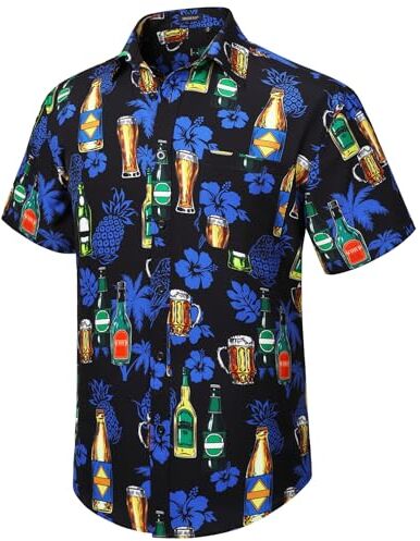 HISDERN Camice Hawaiane Uomo Funky Estiva Manica Corta Camicie Hawaiana con Stampate con Motivi di Birra Tropicali Aloha Shirt per Spiaggia Vacanza,Blu,M