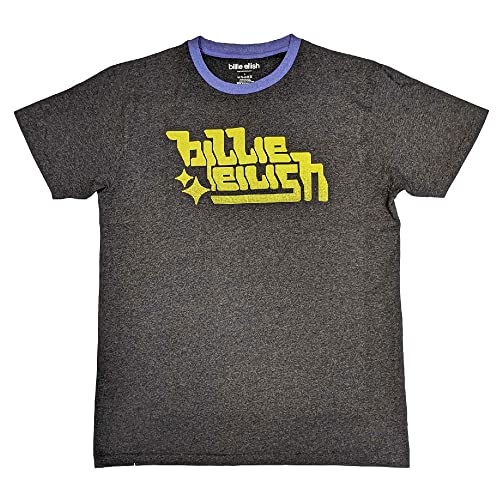 Billie Eilish BillieEilish Green Logo Ringer Charcoal T-Shirt, Grey, S Unisex-Adulto