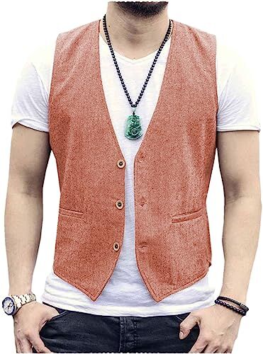 Tiavllya Gilet da uomo senza maniche in cotone e lino casual Gilet da spiaggia estivo slim fit tinta unita a 3 bottoni（XL, Corallo）