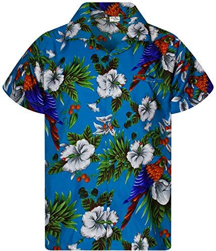 King Kameha Funky Camicia Hawaiana, Manica Corta, Print Cherryparrot, Turchese, M