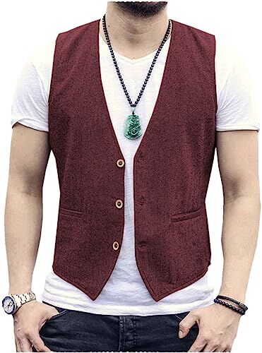 Tiavllya Gilet da uomo senza maniche in cotone e lino casual Gilet da spiaggia estivo slim fit tinta unita a 3 bottoni（XL, Borgogna）