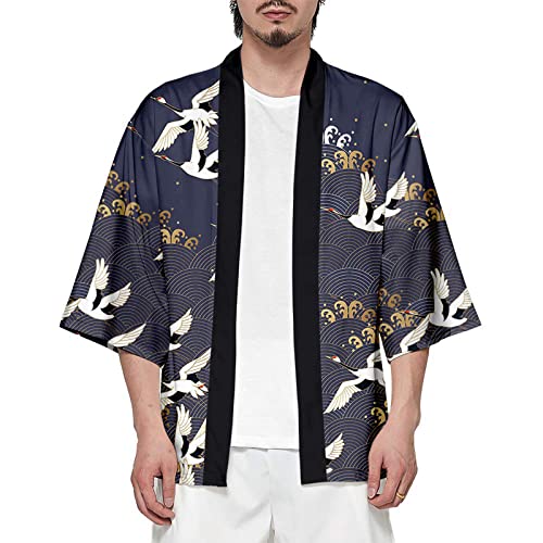 CIZEUR T-Shirt Uomo Cardigan Unisex Elegante Stampato Floreale Maglietta con Tasche Kimono Giapponese Casual Moda Primavera-Estate,CranesXL