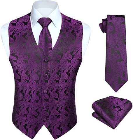 HISDERN Gilet da Uomo Viola Paisley Floreale Jacquard Gilet Cravatta e Fazzoletto Set Elegante Classico Panciotto Uomo M