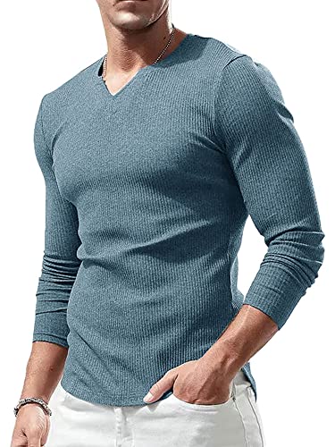 Lehmanlin Camicia a Maniche Lunghe T-Shirt Sportive da Uomo, Scollo a V Elasticizzato,vestibilità Muscolosa,Biancheria Intima Casual, Blu XS