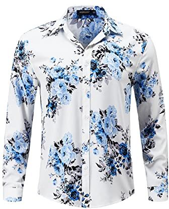 HISDERN Camicie Floreali,Camicia Uomo a Manica Lunga Fantasia Stampata Casual Motivo Rose Stampato Regular Fit Elegante per Festa di Matrimonio,Bianco e Azzurro,XXL