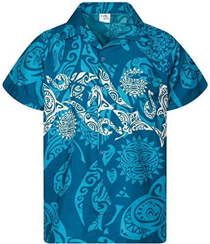 King Kameha Funky Camicia Hawaiana, Manica Corta, Maori Chest, Turchese, XS