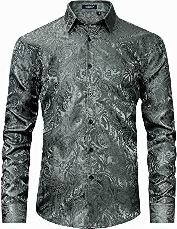 HISDERN Camicia da Uomo in Seta Grigio Camicia Raso Uomo con Paisley Jacquard Floreale Manica Lunga con Bottoni e Colletto per Matrimoni Party Regular Fit XXL