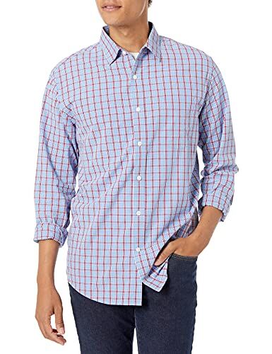 Amazon Essentials Camicia Casual in Popeline a Maniche Lunghe vestibilità Regular Uomo, Blu Chiaro Rosso Motivo Scozzese, XXL