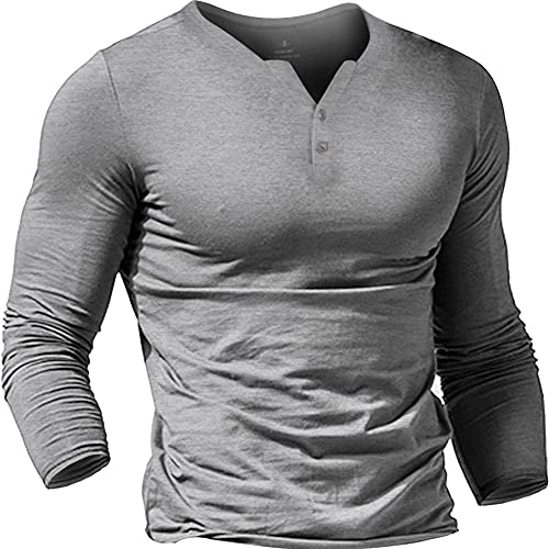 Muscle Alive Uomo Henleys Casual Manica Lunga Maglietta Singolo Pulsante abbottonatura Plain v Neck Camicie in Cotone Grigio M